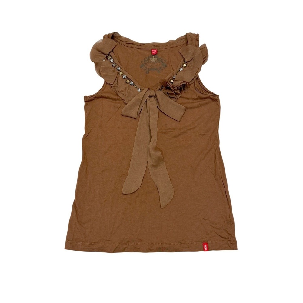 EDC by Esprit M Brown Chiffon Ruffle Bow Studded Tank Top Y2K Indie Boho Grunge